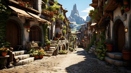 Fototapeta premium An old town street ​​at the foot of the mountain with houses, potted plants and flowers throughout the walkway