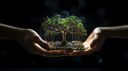 two hands hold a computer circuit chip board with the tree concept of green computing, green technology, green IT, and IT ethics. - obrazy, fototapety, plakaty