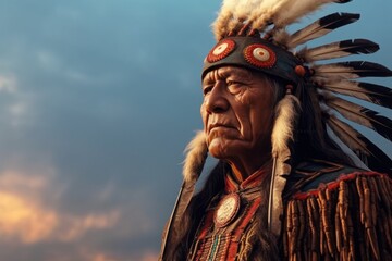 The chief of the Apache Indians is a native American man. The concept of Columbus day and the discovery of America - obrazy, fototapety, plakaty