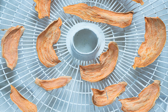 Healthy, dehydrated sweet potato dog chews or treats.