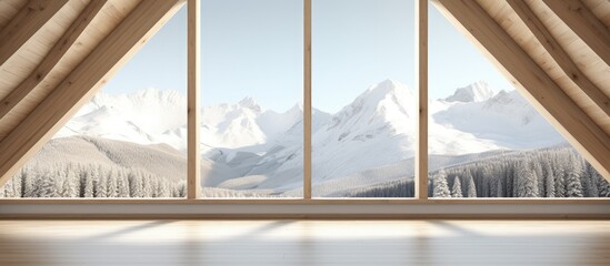 illustration of a modern white eco house with a panoramic winter meadow view and wooden roof trusses - obrazy, fototapety, plakaty