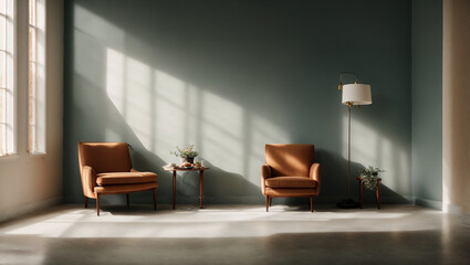 Modern living room with armchair, an elegant play of light and shadow on a plaster wall, with particular attention to the way the light falls through the windows.