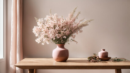 Modern simplicity in home decor. A sleek wooden table, a minimalist vase, and dried flowers stand against an empty wall baby pink color, offering a clean and versatile background.