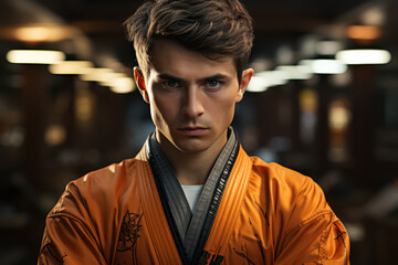 Fototapeta premium Martial Arts Discipline. Martial artist in a focused stance, highlighting the dedication and training in sports. Generative Ai.