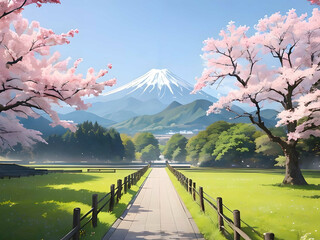 アニメ背景_富士山と桜_02