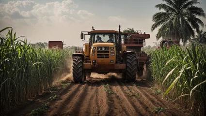 Tuinposter Tractor in a field, agriculture, with a focus on the synergy between traditional wisdom and modern machinery in cultivating sugarcane. © Lokesh
