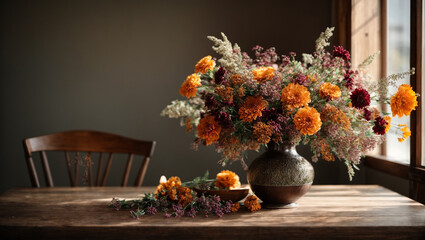 Dried flowers in the vase. The wooden table and empty wall bright vivid color provide a serene setting to appreciate the natural beauty of the bouquet.