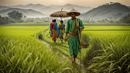 Papier Peint photo Prairie, marais Farmer in rice field, lush green rice paddy field in rural India. Farmers, dressed in traditional attire, are diligently harvesting the crop with sickles.