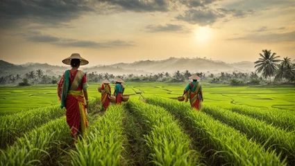 Fotobehang Farmer in rice field, lush green rice paddy field in rural India. Farmers, dressed in traditional attire, are diligently harvesting the crop with sickles. © Lokesh