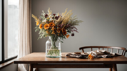 Fototapeta na wymiar Wooden table against a blank wall in a modern home interior. A glass vase with a bouquet of dried flowers serves as the centerpiece, highlighting the beauty of simplicity.