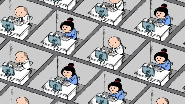 Office employees men and women in cubicles linear color explainer style. Cartoon workers in a big office. They are working all day with no break. Seamles loop of the futuristic society.