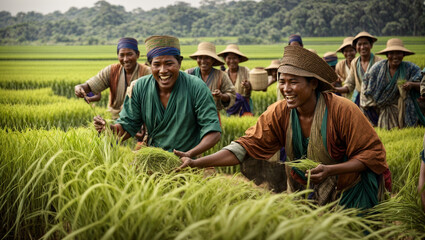 The joy and celebration of a successful rice harvest. Farmers come together, sharing a meal amidst the green paddy fields, symbolizing the culmination of their hard work.