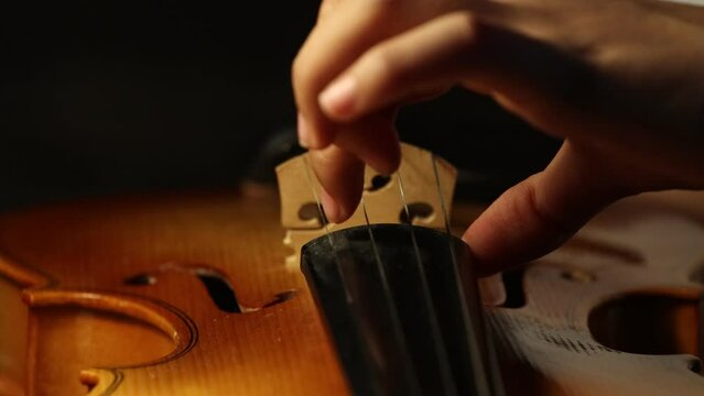 tocando a detalle cuerda de viol&iacute;n 
