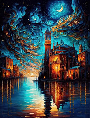 Modern Abstract Moonlight Night View Painting, Large Textured Wall Art, Living Room Wall Decor Artwork, Generative AI