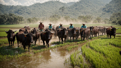 Obraz premium Farmers are using water buffaloes to help with the rice harvest. The gentle giants wade through the field while farmers cut the rice, offering a unique perspective on traditional farming.
