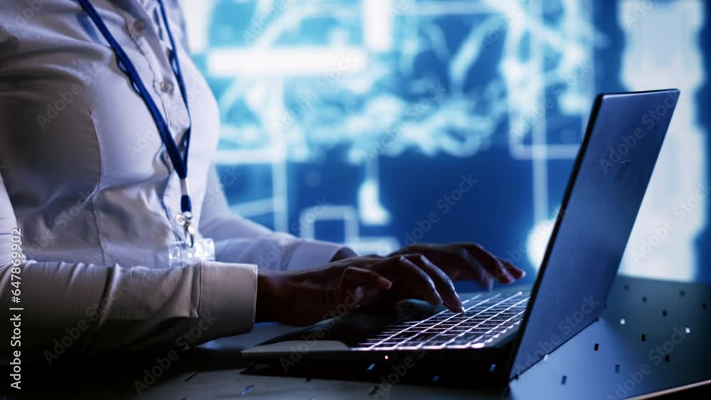 Poster admin writing artificial intelligence script code in cloud computing business establishment on lapto