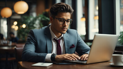 Fototapeta premium Businessman working on laptop in cafe, Man working on laptop, businessman or freelancer with computer in cafe at table. Young man in glasses and suit typing on laptop.