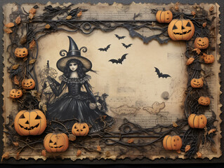 Vintage Halloween decorative framed greeting card with skulls, pumpkins and a witch. AI generated