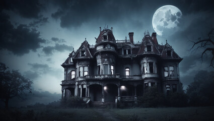 Haunted castle in the woods, theme of Halloween concept.