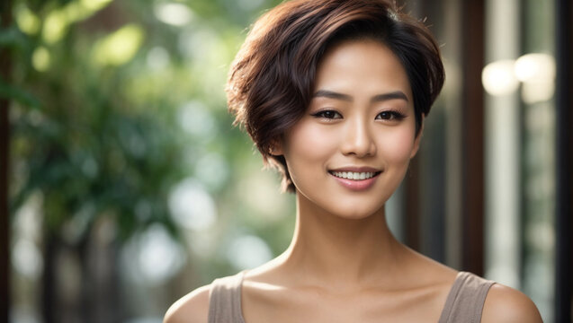 Beautiful Asian woman with smooth healthy face skin. Gorgeous aging teen woman with short hair and happy smiling.