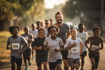 A group of neighbors participates in a charity run organized within their community, highlighting the support and encouragement that arise from living in close proximity. Generative Ai.