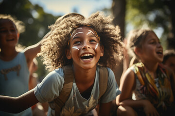 A person captures the laughter and excitement of children participating in a summer camp organized within their community, fostering friendship and growth. Generative Ai.