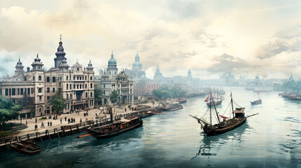 Obraz premium Painting of The Bund in Shanghai in China in the 1800s