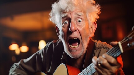 Funny elderly man with surprised look playing the guitar. Generative AI