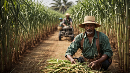 farmer working in a field, cowboy on a farm, technology in traditional farming practices. Showcase the farmer using advanced equipment amidst the vibrant sugarcane crop. - obrazy, fototapety, plakaty