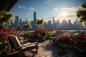 A communal rooftop garden provides a serene space for residents to relax, socialize, and enjoy the beauty of nature within their urban environment. Generative Ai.
