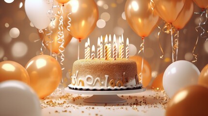A festive birthday cake with colorful balloons and confetti