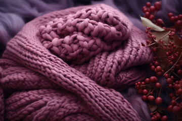 Fototapeta premium A cozy knit scarf in rich plum tones is wrapped around a neck, providing both warmth and a tactile winter texture. Generative Ai.