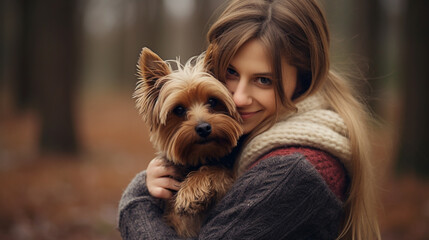 A woman hugging her pet dog, yorkshire terrier, cuddling, love