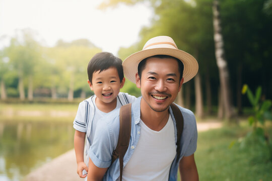 happy asian family father and a son in the park. High quality photo