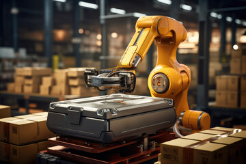 A robotic picker sorting and packing products in an e-commerce warehouse. Generative Ai.