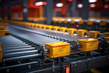 Automated conveyor belts transporting goods in a distribution center. Generative Ai.