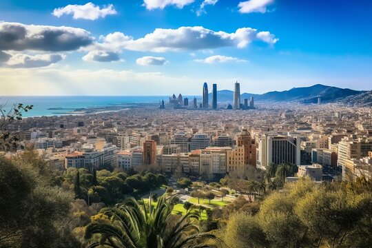 Scenic city view from picturesque public park in Barcelona. Generative AI