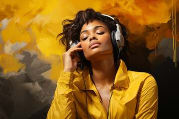 concentrated multiethnic woman listening to music with headphones on a background of yellow and orange colors