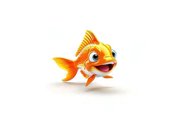 Fotobehang 3D character style happy smiling goldfish on an isolated empty white background - Generative AI © alpermer