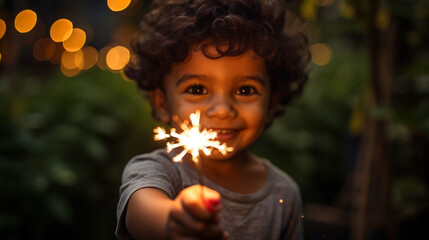 An Indian child playing with a sparkler during the Diwali festivities - Powered by Adobe