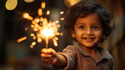 An Indian child playing with a sparkler during the Diwali festivities