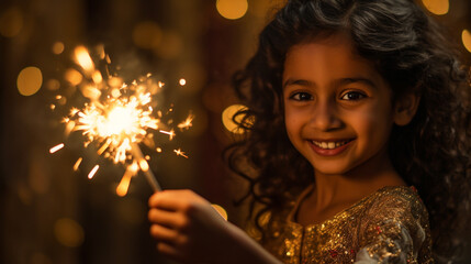 An Indian child playing with a sparkler during the Diwali festivities - obrazy, fototapety, plakaty