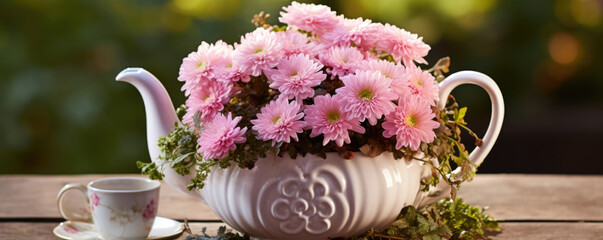 A charming teapot planter overflowing with dainty pink chrysanthemums, trailing English ivy, and delicate heather, adding a touch of whimsy and elegance to your fall garden.