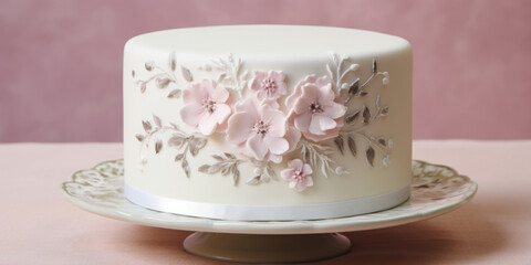 The cakes base is a canvas for a tapestry of delicate floral embellishments, meticulously piped with precision.