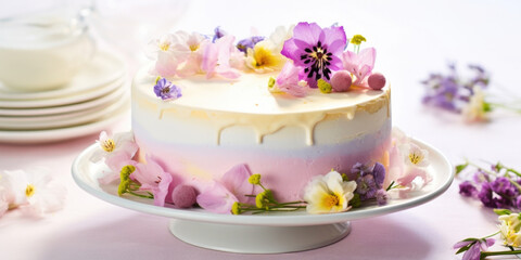 Obraz na płótnie Canvas This cake is an ode to springtime, with its abundant display of edible flowers evoking feelings of joy and renewal.