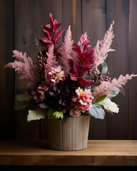 A cozy and warm arrangement featuring a mix of furry lambs ear leaves, deep burgundy heuchera, and delicate pink astilbe flowers, all tucked into a rustic wooden planter for a touch