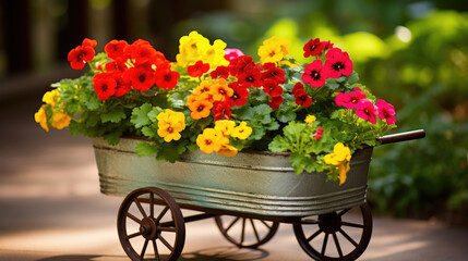 Fototapeta na wymiar A festive and cheerful display showcasing a mix of bright red geraniums, yellow marigolds, and cascading green ferns, all arranged in a playful and vibrant vintageinspired metal wagon