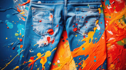 A closeup view capturing a pair of skillfully crafted denim pants, showcasing distinctive paint splatters in a range of vibrant colors for a playful touch.