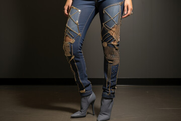 A photograph displaying a captivating pair of personalized denim trousers, artfully punctuated with metallic studs and rivets, bringing a touch of sophistication.