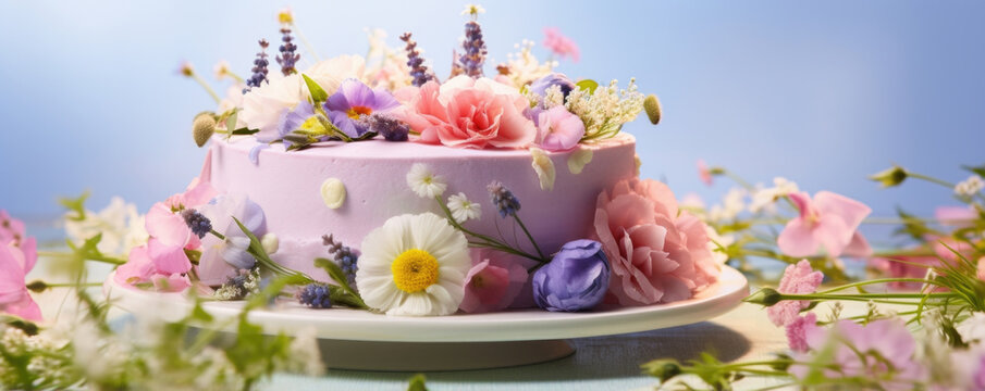 With an artful arrangement of edible flowers, this cake becomes a testament to the beauty and elegance found in natures garden.